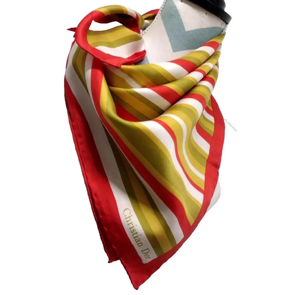 Vintage Dior Silk Scarf Striped Avocado Paris 1960s Designer Mid Century Mod 60s